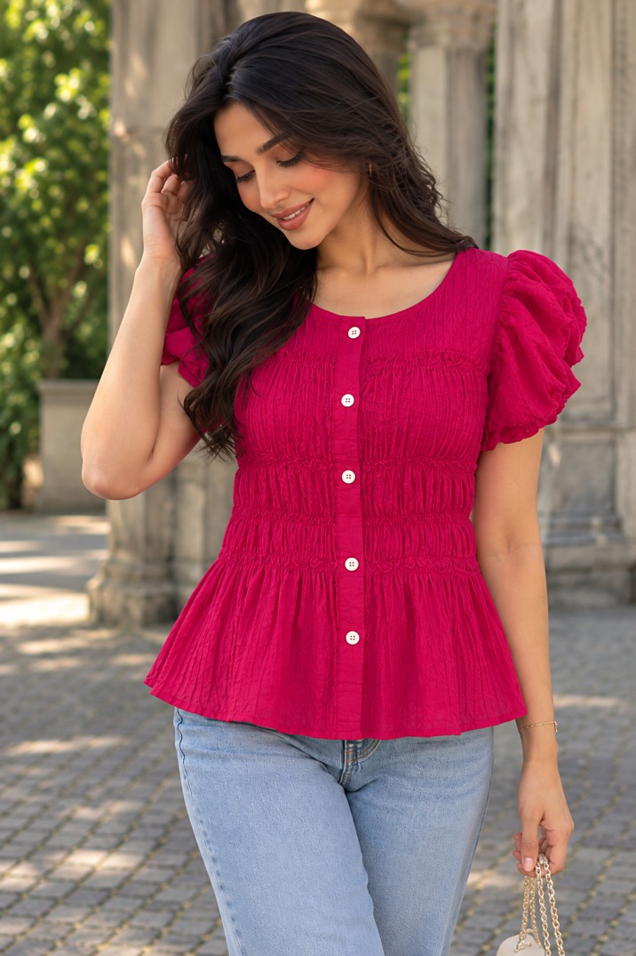 AAVARI Women’s Pink Smocked Peplum Top with Puff Sleeves & Front Button Detail