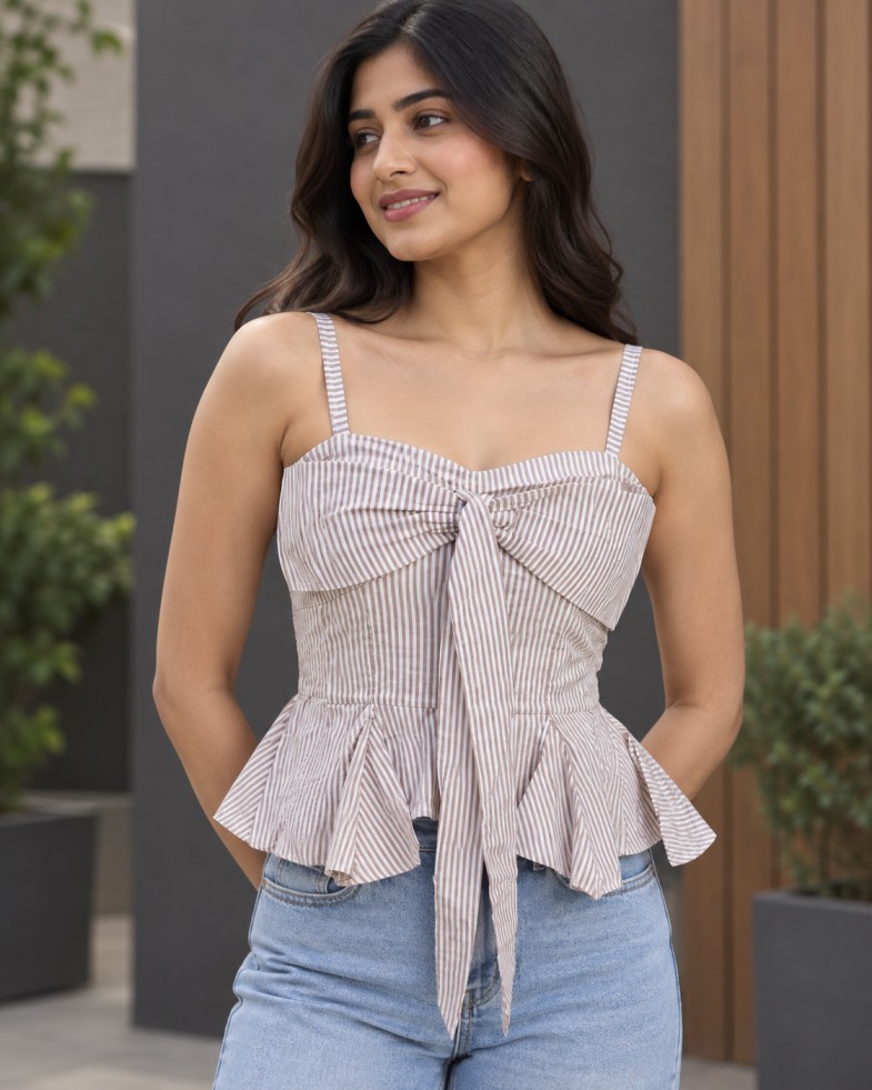 Women’s Beige & White Striped Bow-Front Peplum Top with Smocked Back