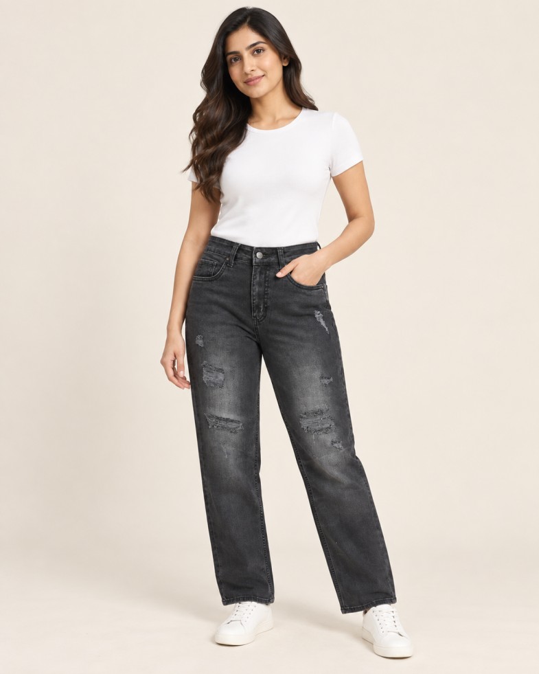 Women’s High-Rise Charcoal Black Distressed Straight-Fit Jeans