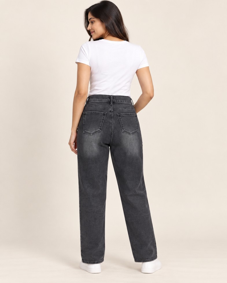 Women’s High-Rise Charcoal Black Distressed Straight-Fit Jeans