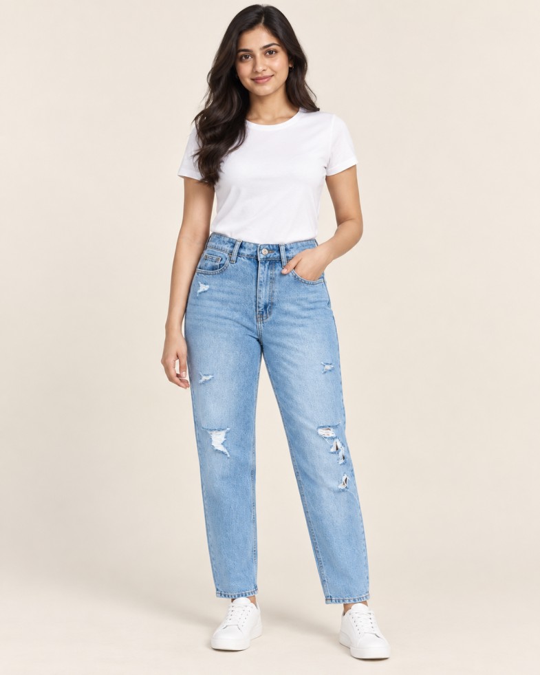 Women’s Light Blue High-Rise Distressed Straight-Fit Jeans