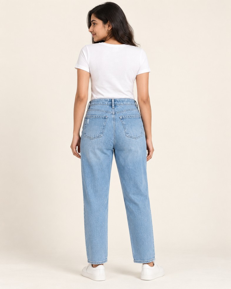 Women’s Light Blue High-Rise Distressed Straight-Fit Jeans