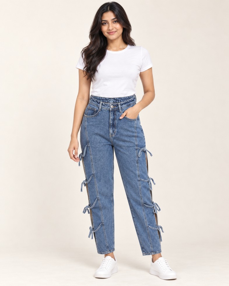 Women’s Blue High-Rise Side Cut-Out Tie-Up Straight-Fit Jeans