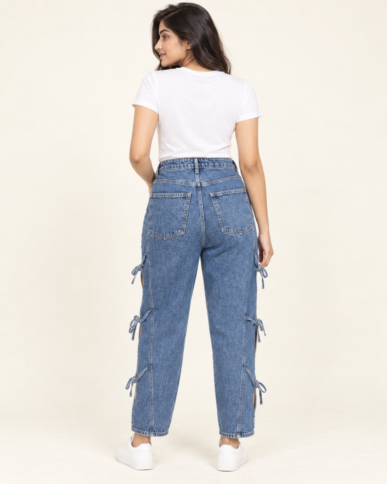 Women’s Blue High-Rise Side Cut-Out Tie-Up Straight-Fit Jeans