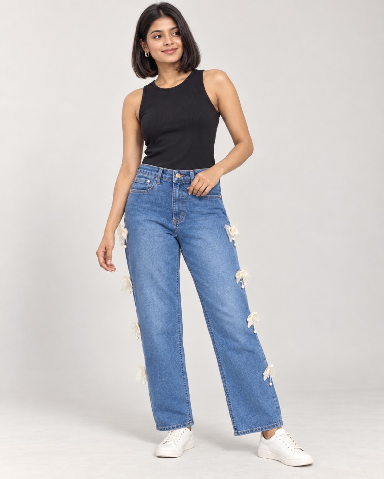 Women’s Blue High-Rise Straight-Fit Jeans with Bow & Pearl Details