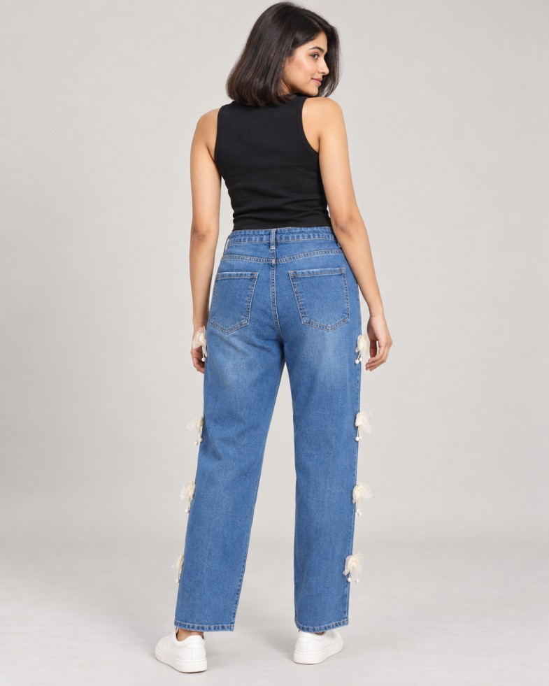 Women’s Blue High-Rise Straight-Fit Jeans with Bow & Pearl Details