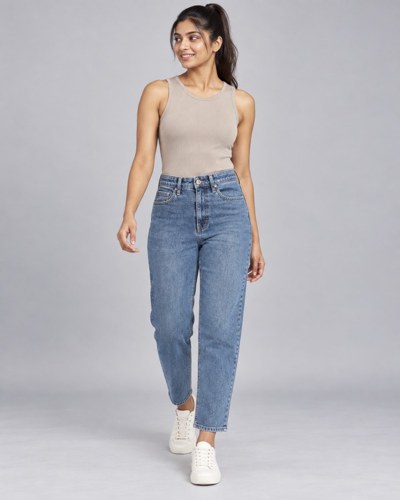Women’s Mid-Blue High-Rise Straight-Fit Ankle-Length Jeans