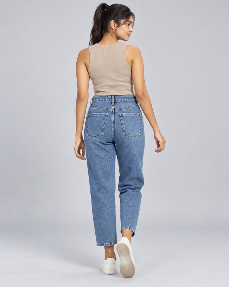 Women’s Mid-Blue High-Rise Straight-Fit Ankle-Length Jeans