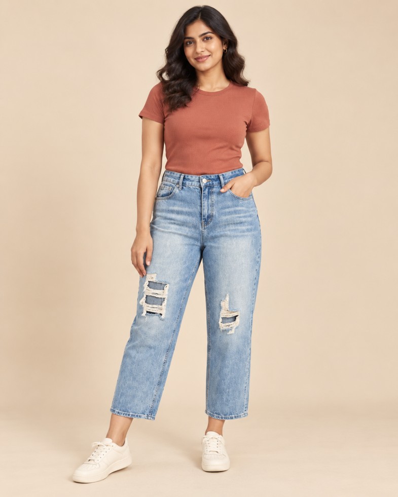 Women’s Light Blue High-Rise Ripped Straight-Fit Ankle Jeans