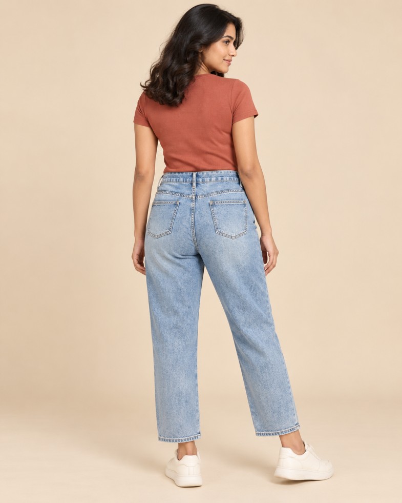 Women’s Light Blue High-Rise Ripped Straight-Fit Ankle Jeans