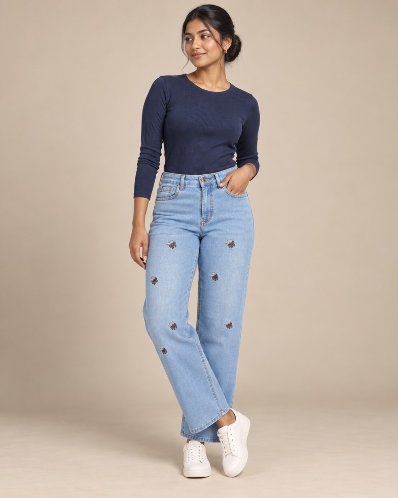 Women’s Light Blue High-Rise Straight-Fit Jeans with Embroidered Motifs