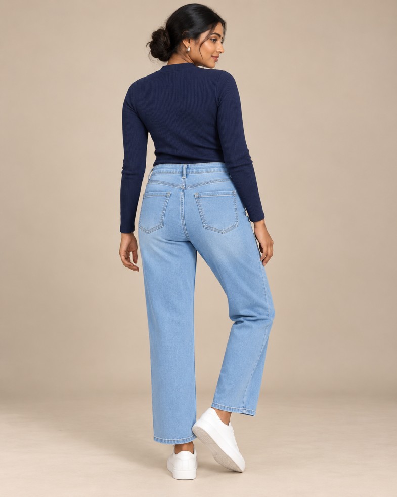 Women’s Light Blue High-Rise Straight-Fit Jeans with Embroidered Motifs