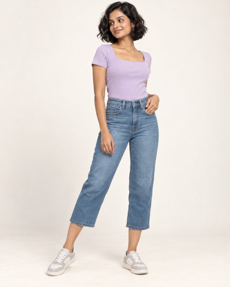 Women’s Mid-Blue High-Rise Straight-Fit Cropped Jeans