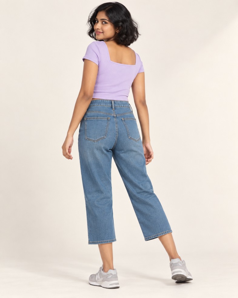 Women’s Mid-Blue High-Rise Straight-Fit Cropped Jeans