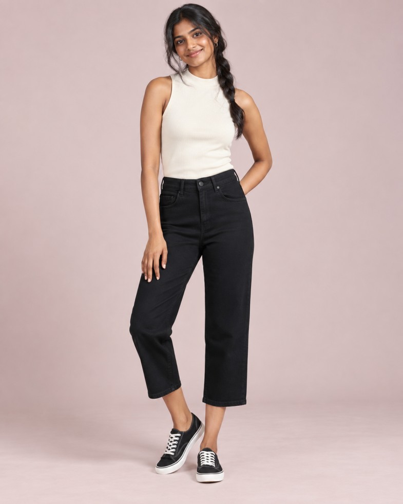 Women’s Black High-Rise Straight-Fit Cropped Jeans