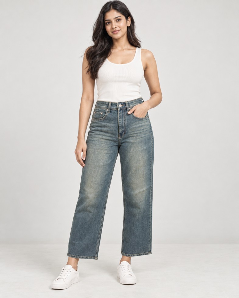Women’s Vintage Blue High-Rise Wide-Leg Cropped Jeans