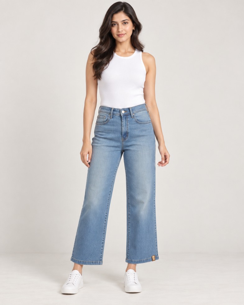 Women’s Light Blue High-Rise Wide-Leg Cropped Jeans with Hem-Tab Detail