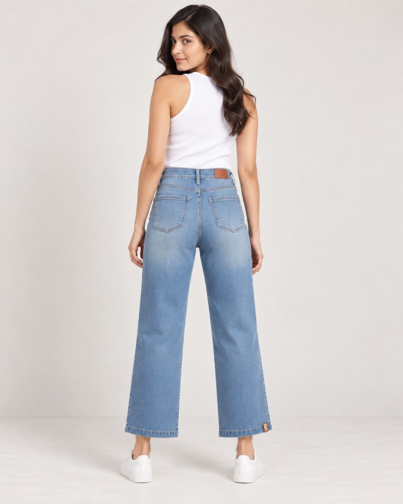 Women’s Light Blue High-Rise Wide-Leg Cropped Jeans with Hem-Tab Detail