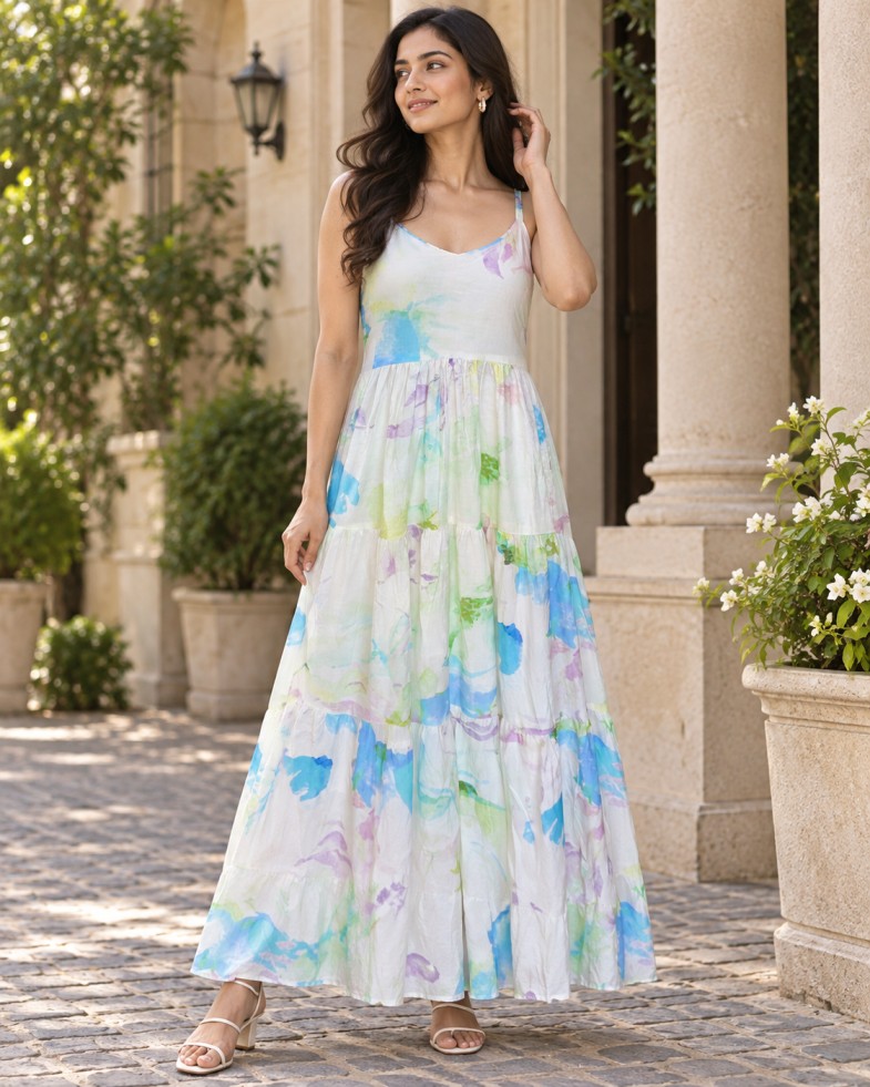 Women’s Blue-Green Watercolour Floral Tiered Maxi Dress