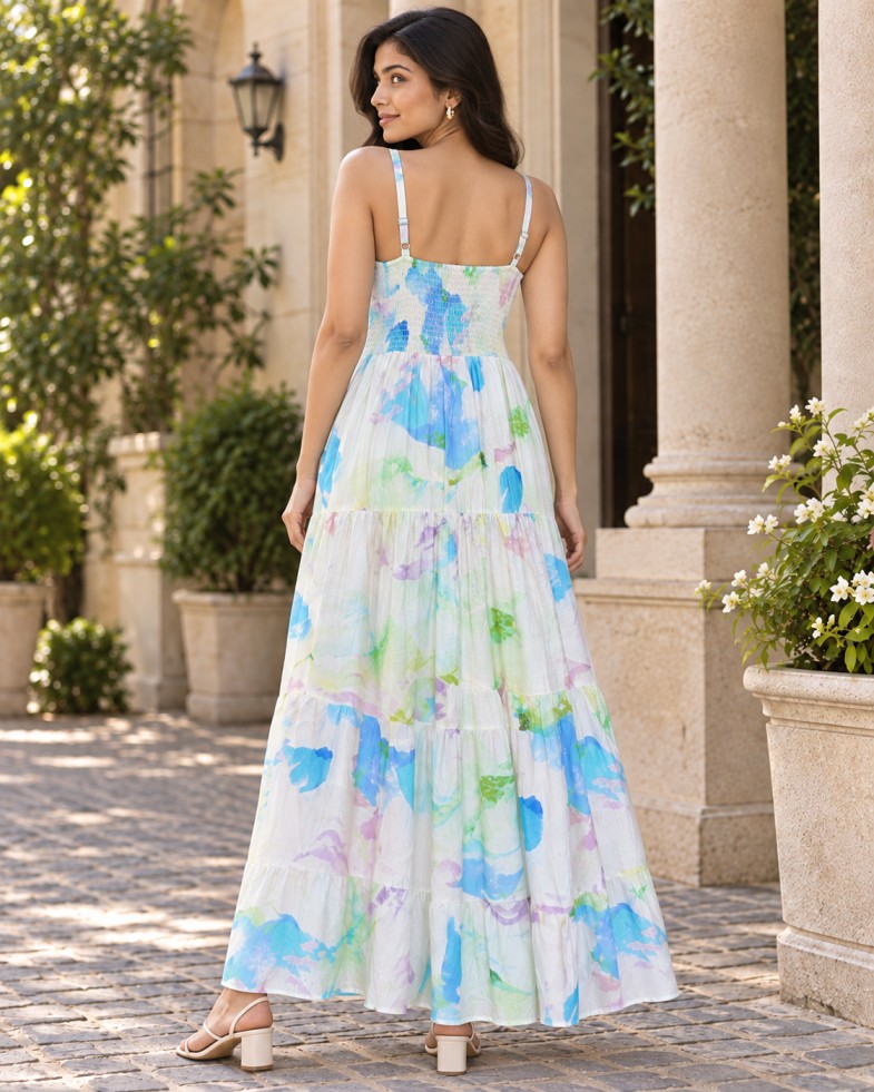Women’s Blue-Green Watercolour Floral Tiered Maxi Dress