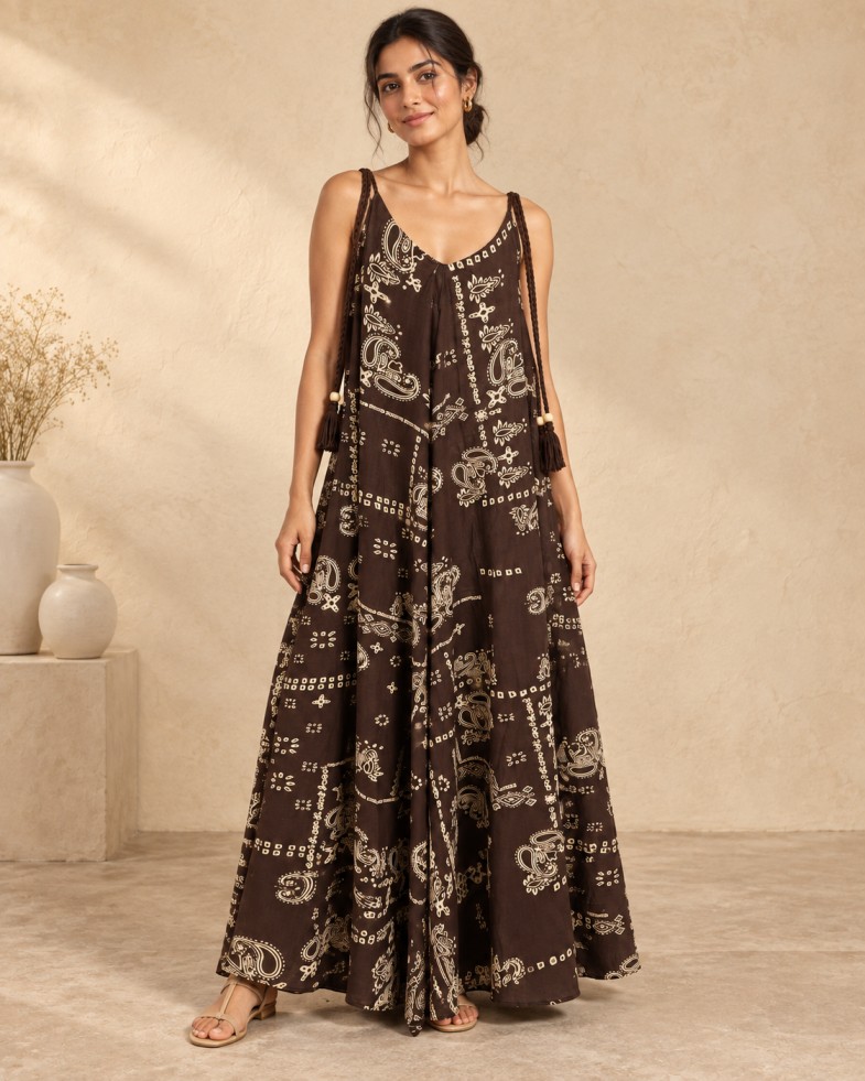 Women’s Chocolate Brown Paisley Printed Strappy Flowy Maxi Dress with Braided Tassel Ties