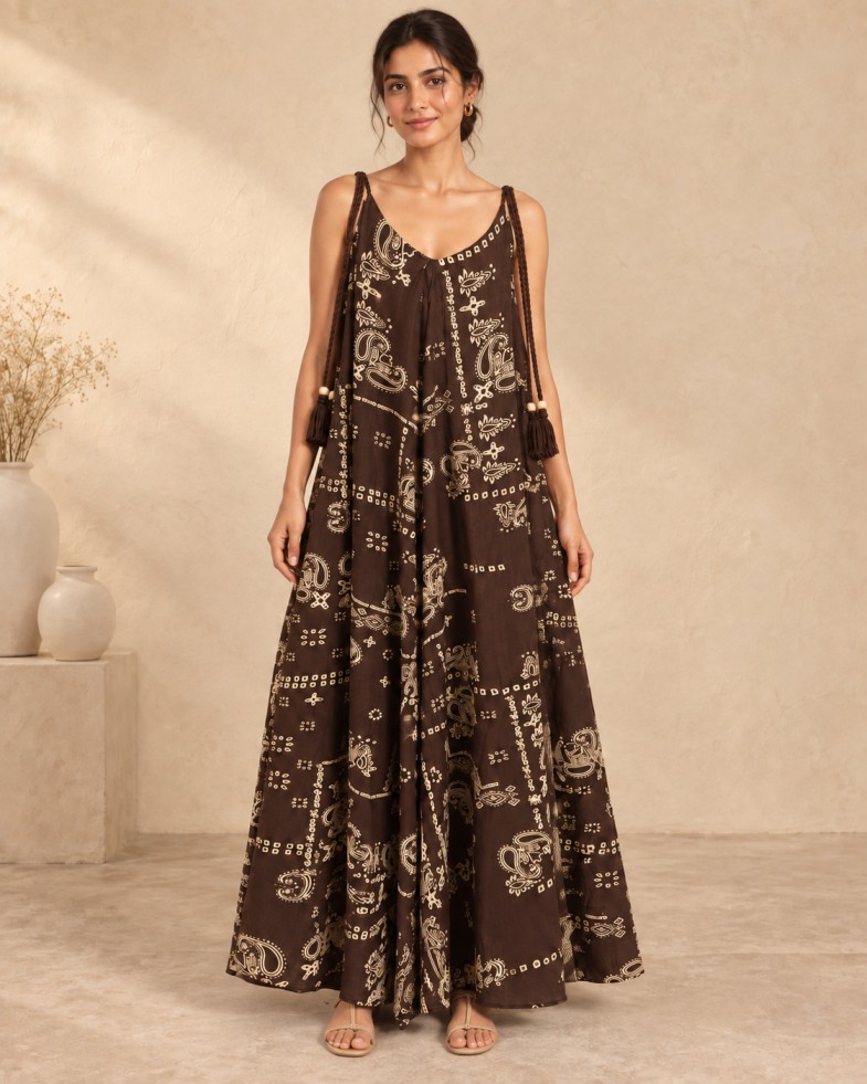 Women’s Chocolate Brown Paisley Printed Strappy Flowy Maxi Dress with Braided Tassel Ties