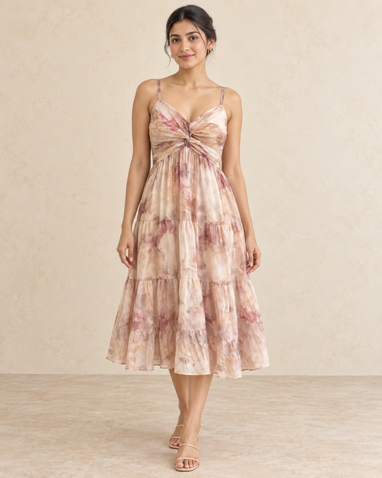 Women’s Blush Pink Watercolour Print Twist-Front Tiered Midi Dress