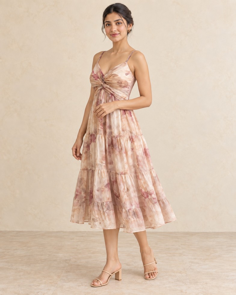 Women’s Blush Pink Watercolour Print Twist-Front Tiered Midi Dress