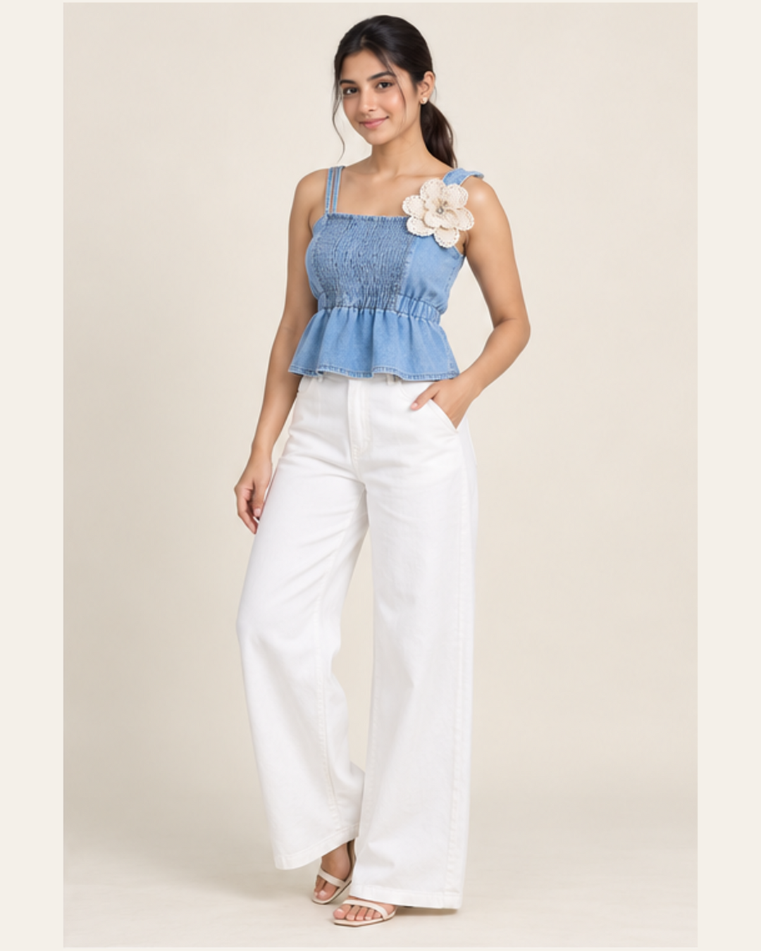 Women’s Light Blue Denim Peplum Crop Top
