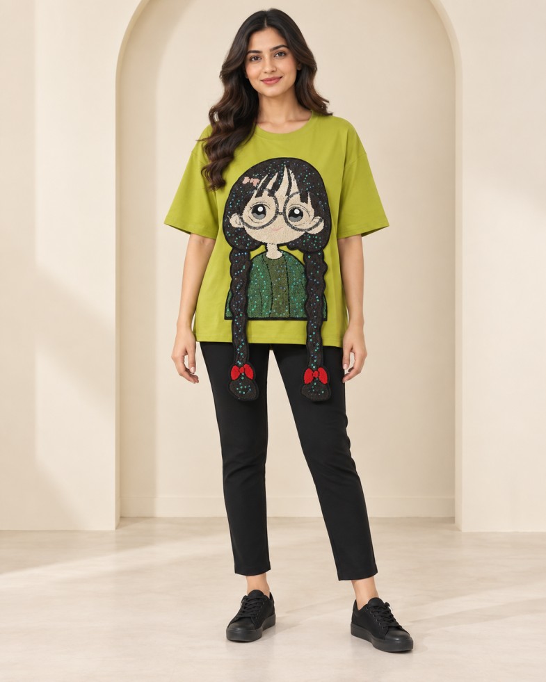 AAVARI Women’s Olive Green Oversized T-Shirt with 3D Character Appliqué and Sequin Work