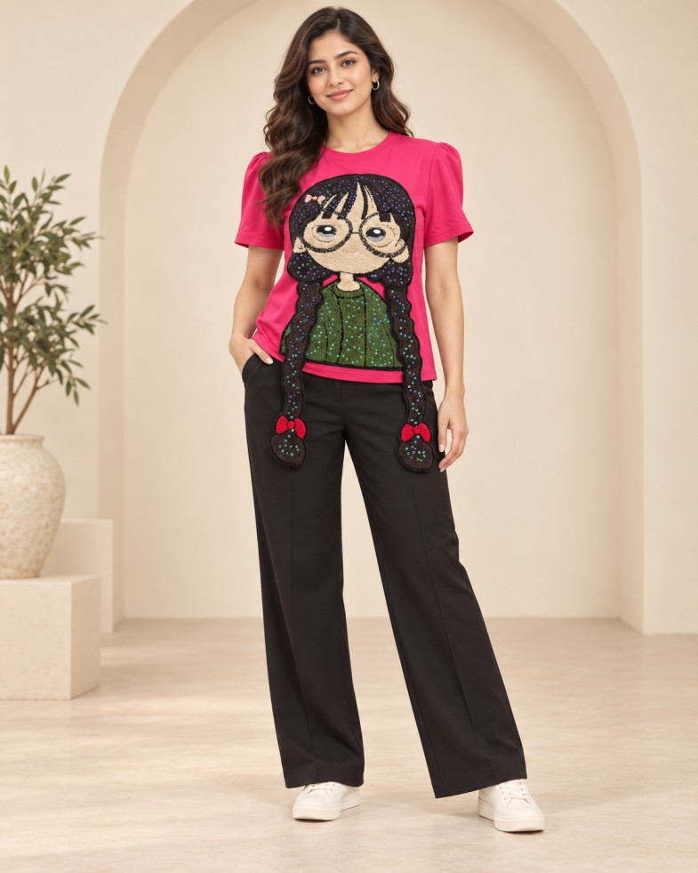 AAVARI Women’s Fuchsia Pink Embellished Top with 3D Character Appliqué and Sequin Work