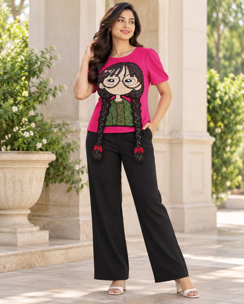AAVARI Women’s Fuchsia Pink Embellished Top with 3D Character Appliqué and Sequin Work