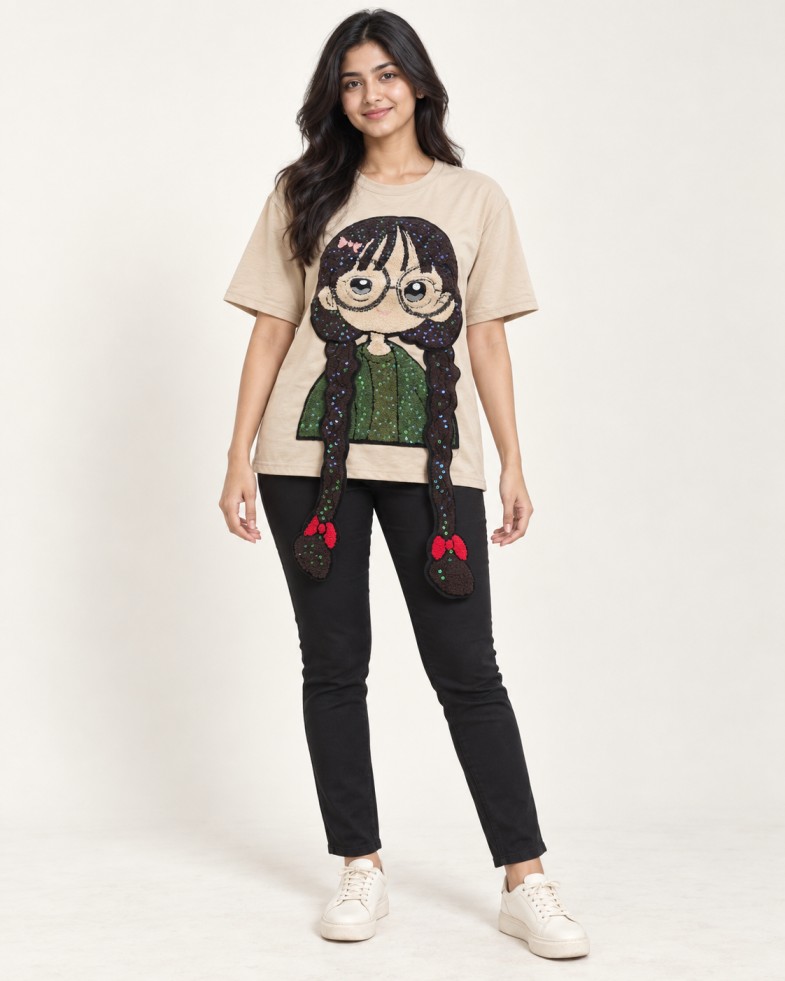 Women’s Beige Cartoon Appliqué Embellished Top with Sequin Work and Statement Braids