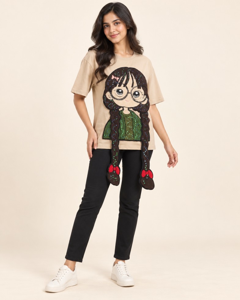 Women’s Beige Cartoon Appliqué Embellished Top with Sequin Work and Statement Braids