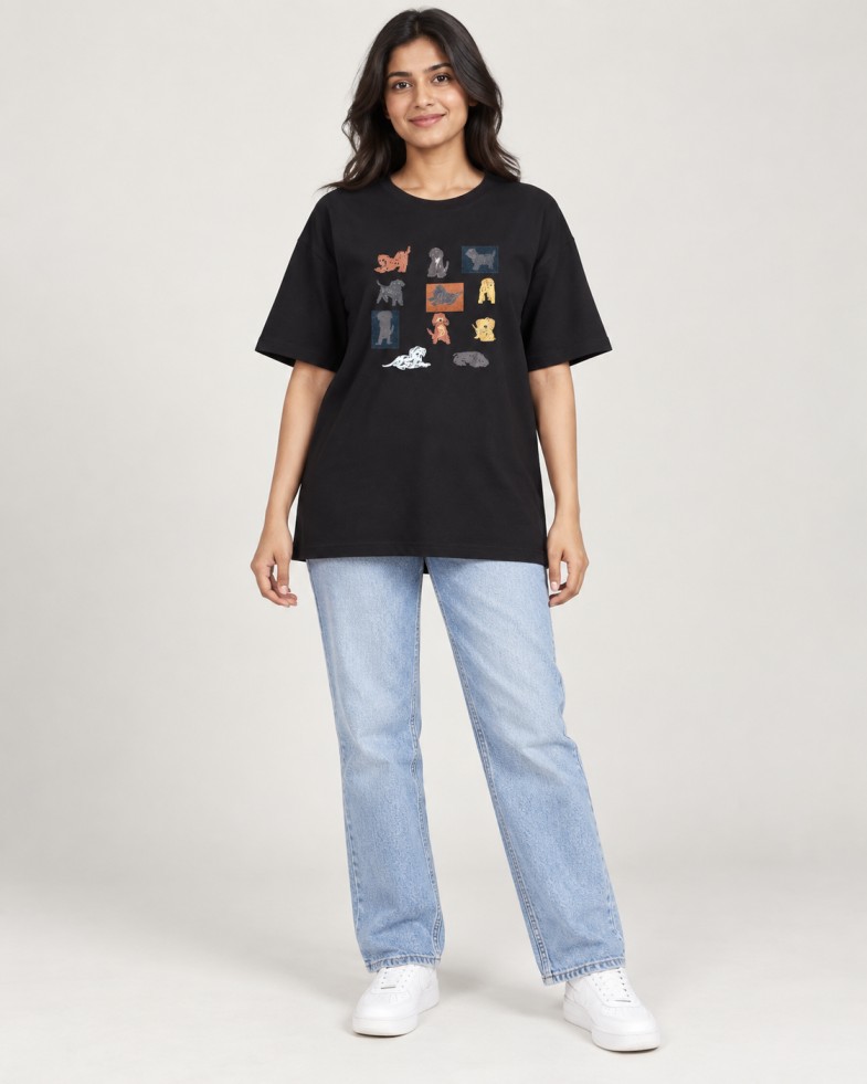 Women’s Black Oversized Dog Print T shirt