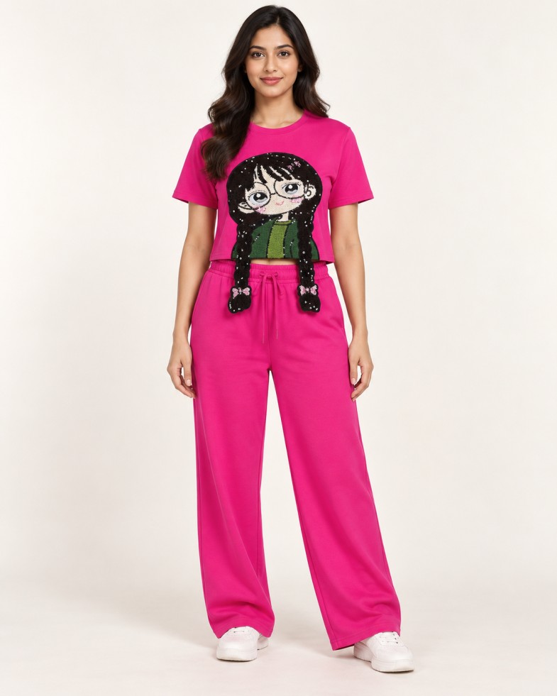 Women’s Hot Pink Sequin Graphic Crop Top with Wide-Leg Pants Co-ord Set
