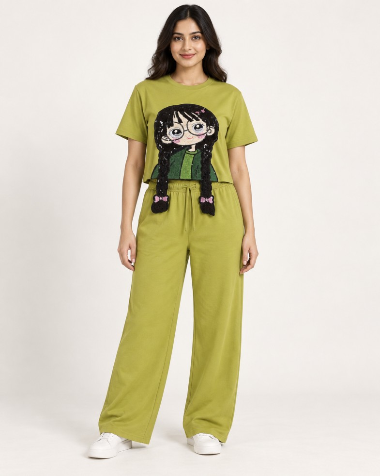 Women’s Olive Green Sequin Graphic Crop Top with Wide-Leg Pants Co-ord Set