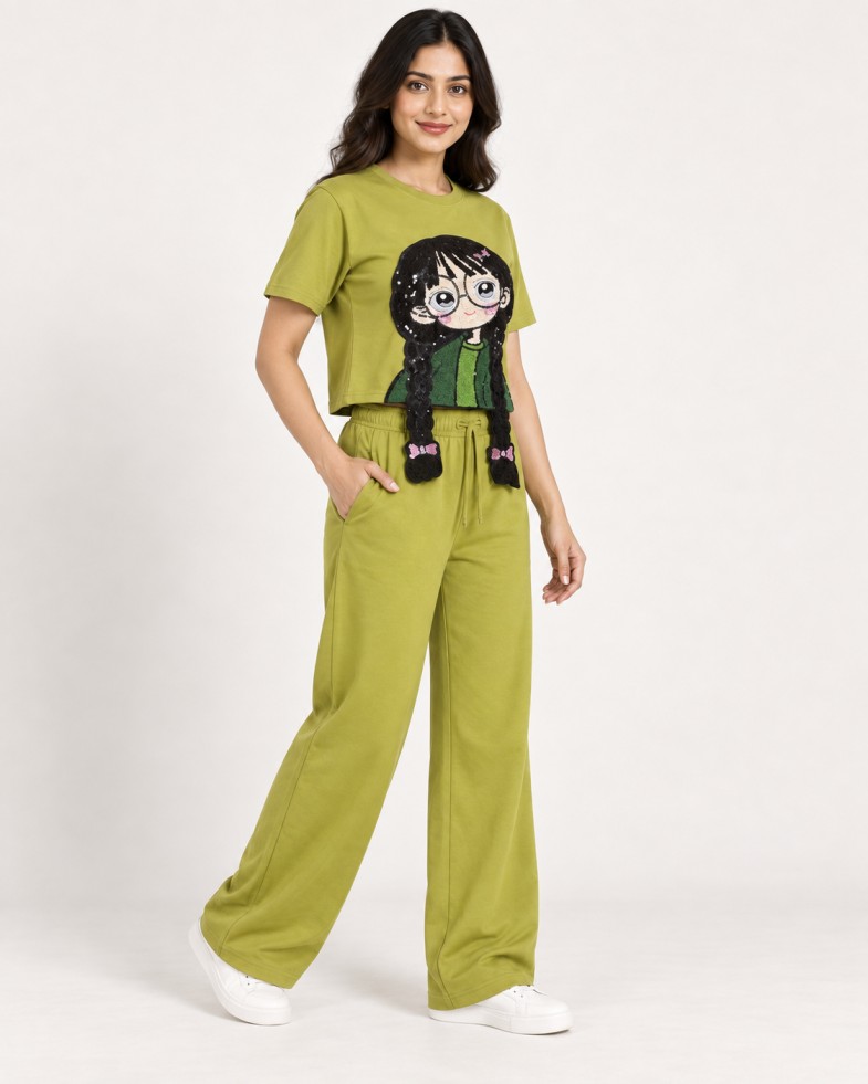 Women’s Olive Green Sequin Graphic Crop Top with Wide-Leg Pants Co-ord Set