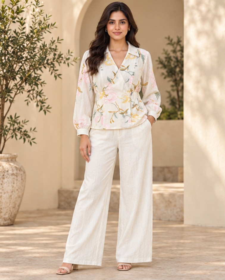 AAVARI Women’s Ivory Floral Printed Co-ord Set with Wrap-Style Collared Top & Wide-Leg Trousers