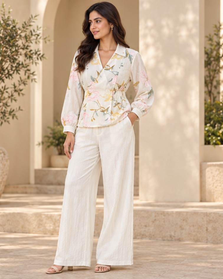 AAVARI Women’s Ivory Floral Printed Co-ord Set with Wrap-Style Collared Top & Wide-Leg Trousers