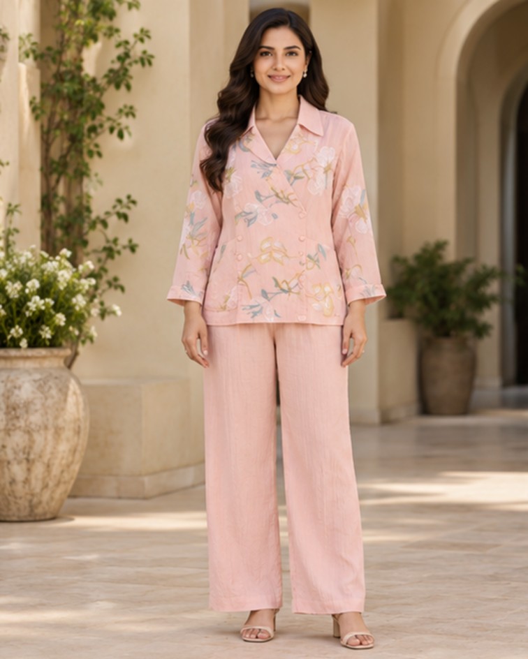 AAVARI Women’s Pink Floral Printed Co-ord Set with Collared Wrap Top and Wide-Leg Trousers