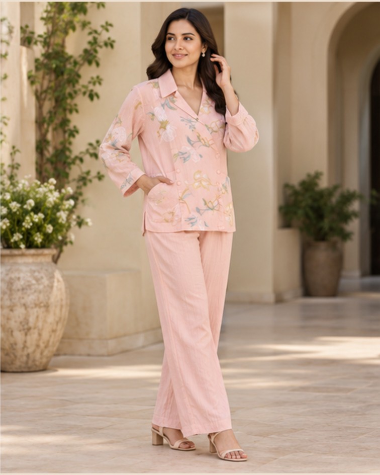 AAVARI Women’s Pink Floral Printed Co-ord Set with Collared Wrap Top and Wide-Leg Trousers