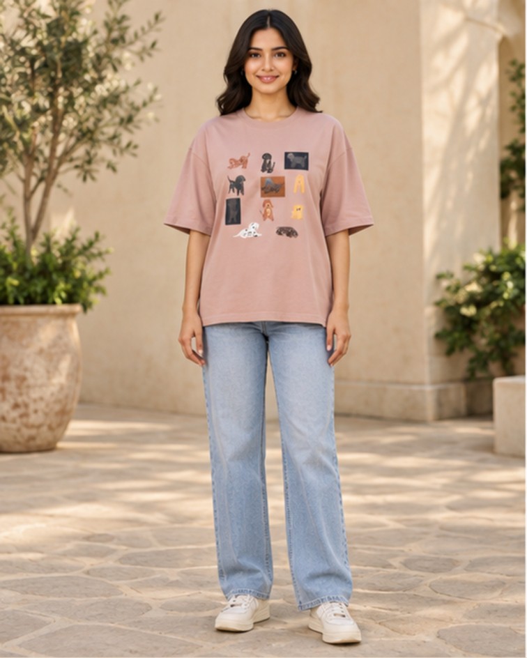 AAVARI Women’s Dusty Pink Dog Graphic Oversized T-Shirt with Round Neck & Half Sleeves
