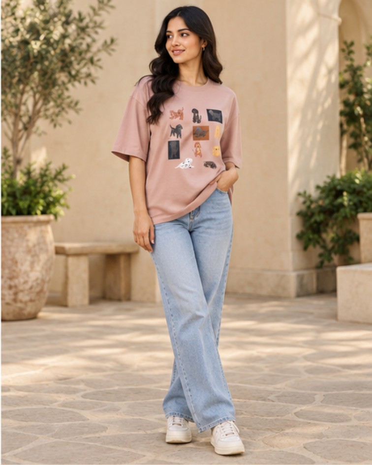 AAVARI Women’s Dusty Pink Dog Graphic Oversized T-Shirt with Round Neck & Half Sleeves