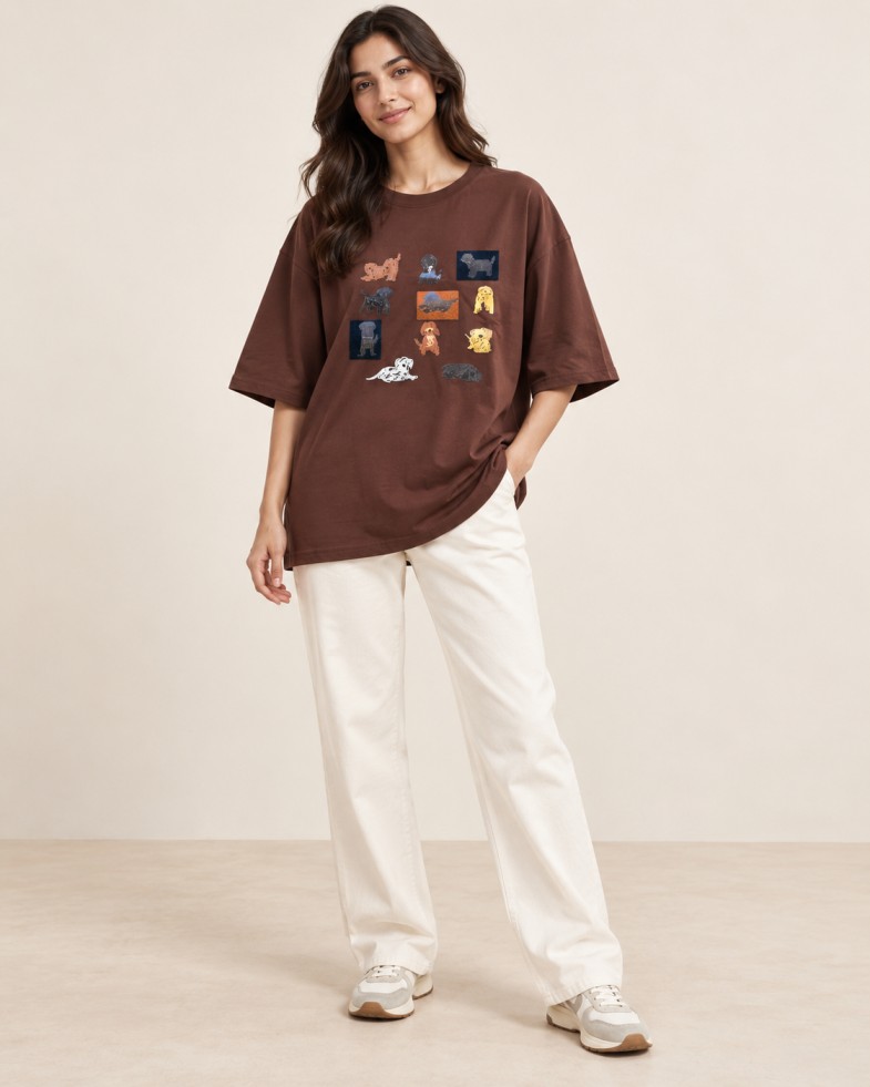 AAVARI Women’s Brown Oversized T-Shirt with Multicolour Dog Graphic Print