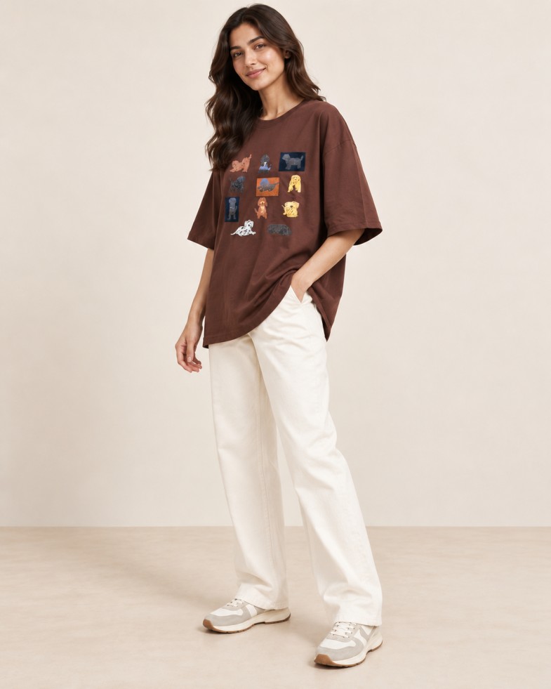 AAVARI Women’s Brown Oversized T-Shirt with Multicolour Dog Graphic Print