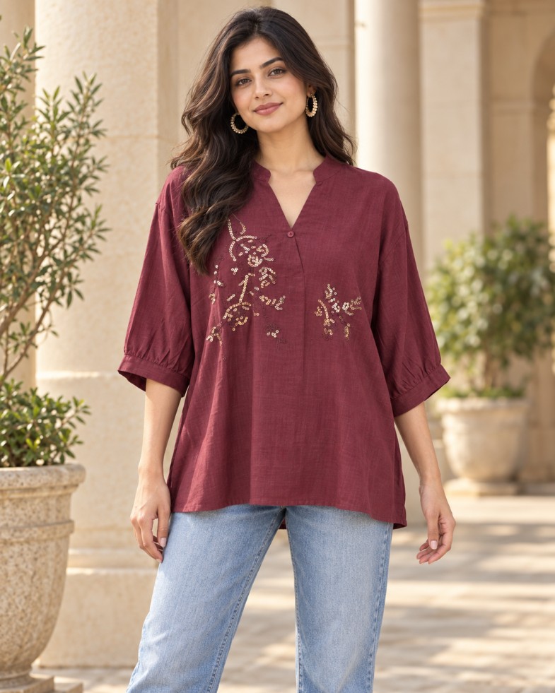 AAVARI Women’s Maroon Floral Embellished Shirt with Mandarin V-Neck