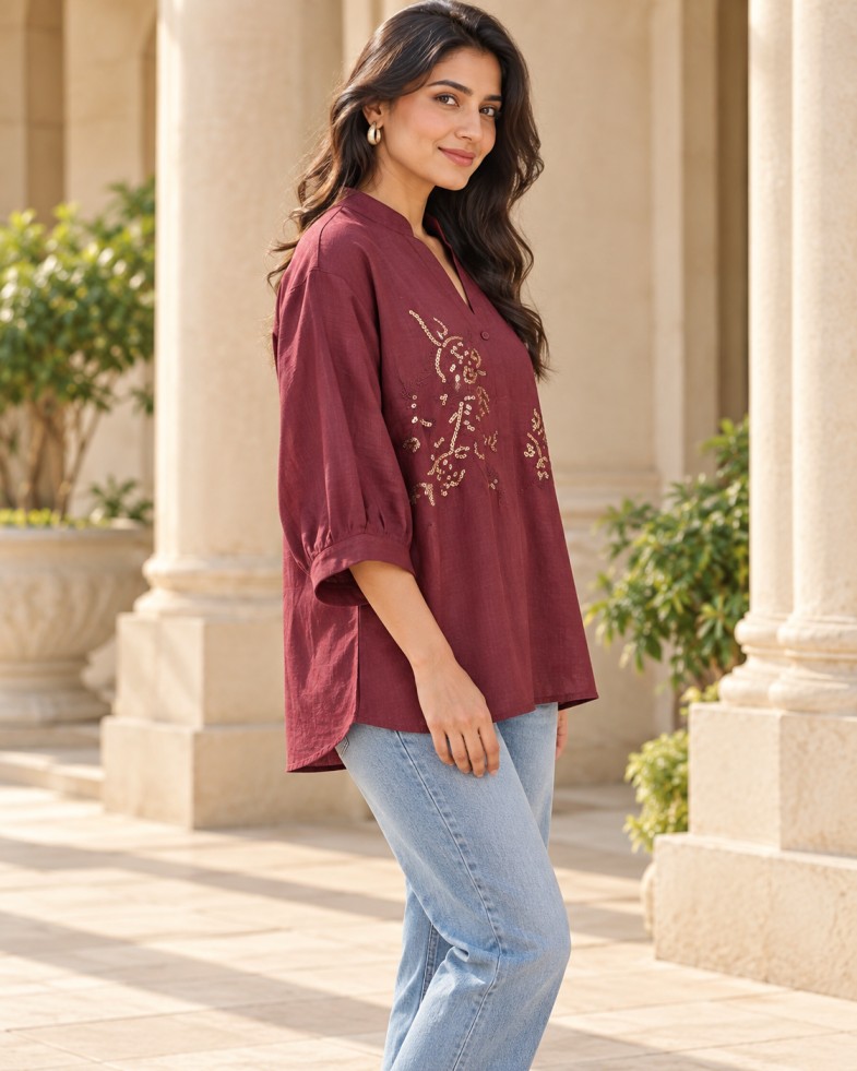 AAVARI Women’s Maroon Floral Embellished Shirt with Mandarin V-Neck