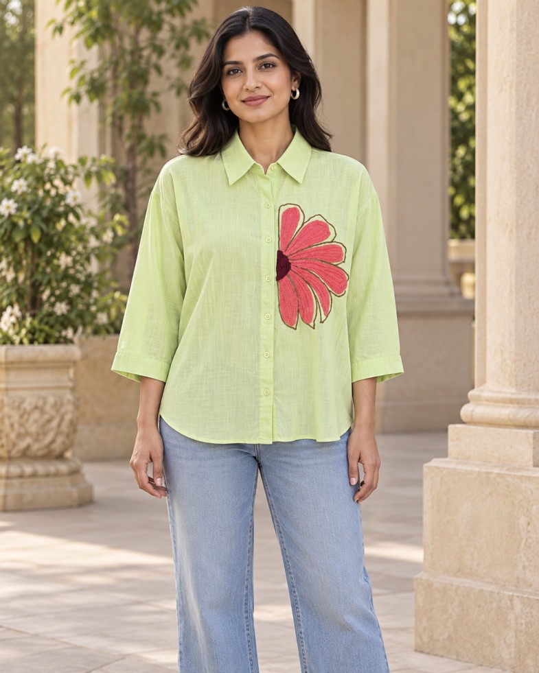 AAVARI Women’s Lime Green Floral Embroidered Shirt with Three-Quarter Sleeves