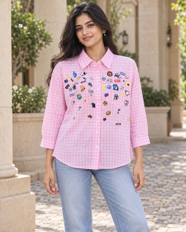AAVARI Women’s Pink Gingham Checked Shirt with Colourful Graphic Motifs